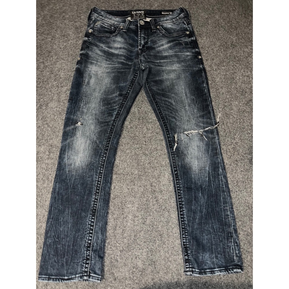 Salvage Havoc Slim Straight Jeans Buckle Dark Wash Distressed Denim Size 30